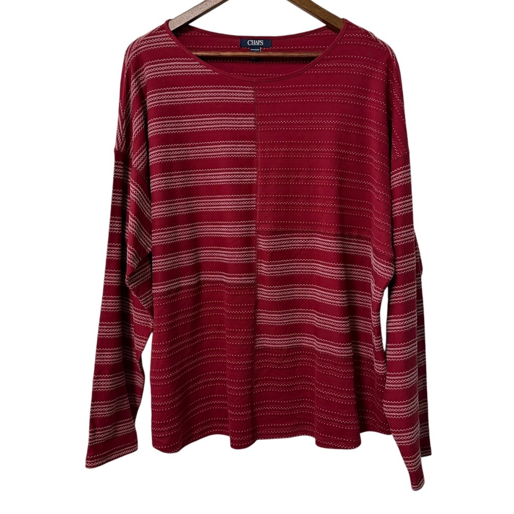 Chaps Tunic Top Women XXL Burgundy Red Embroidered Long Sleeve Cotton Relax Fit